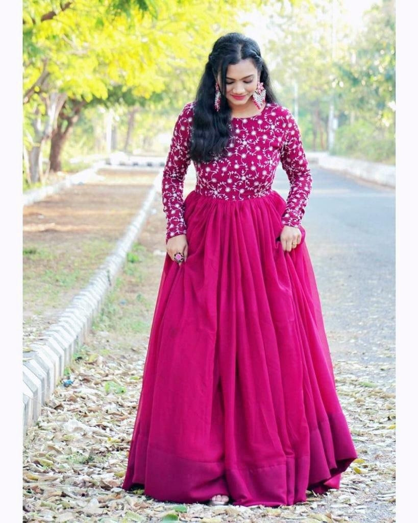 Gracing Pink Heavy Georgette Embroidered Work Gown