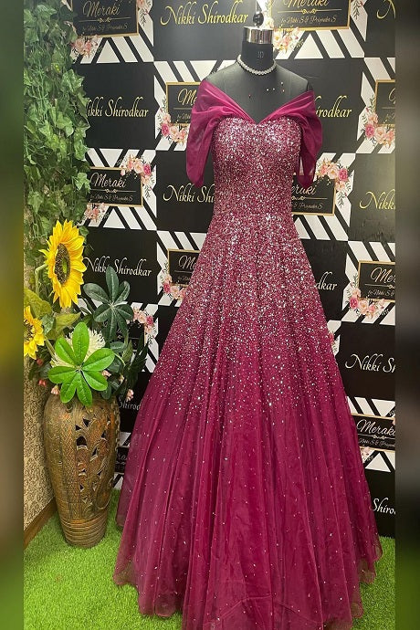 Beautiful Maroon Color Sequence Embroidery Gown