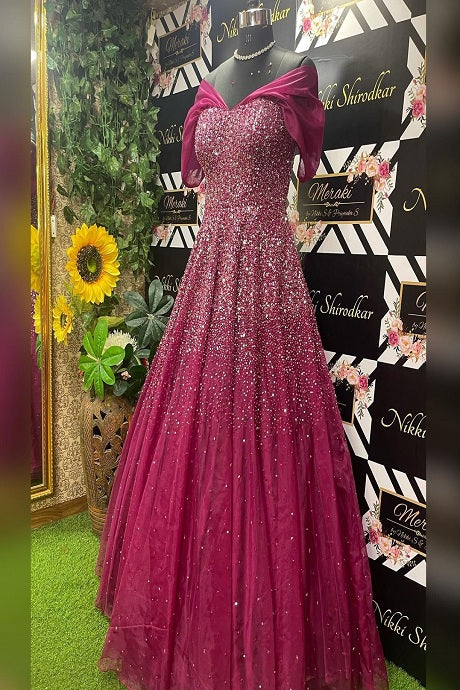 Beautiful Maroon Color Sequence Embroidery Gown