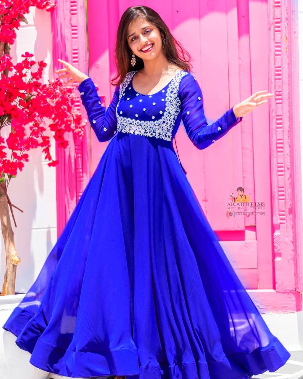 Best Embroidered Blue Designer Traditional Gown For Girls
