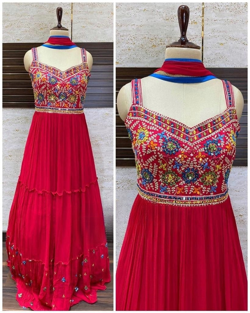 Faux Georgette Embroidery Ruffel Layer Gown Designs