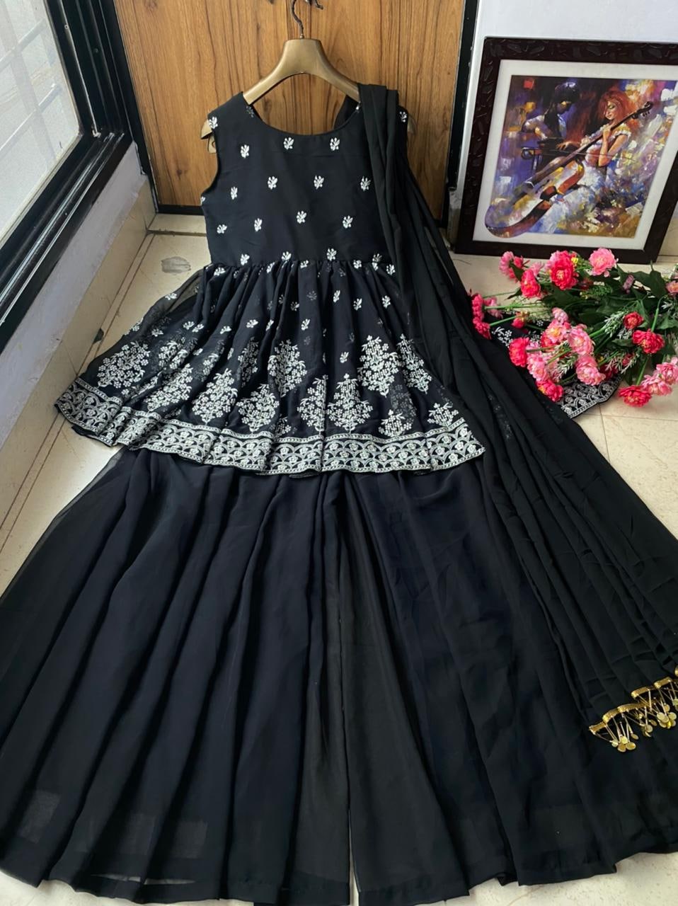 Black Georgette Embroidery Work Party Wear Sarara Dresses