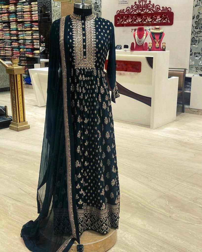 Delightful Heavy Green Georgette Gown With Dupatta