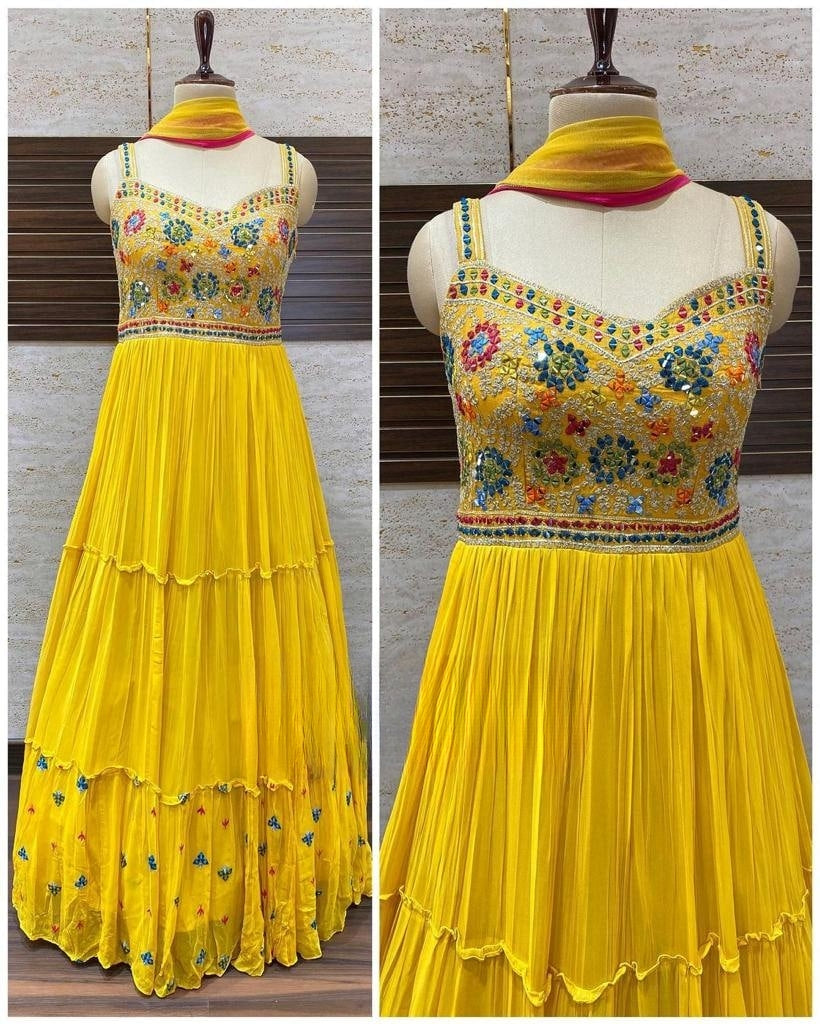 Faux Georgette Embroidery Ruffel Layer Gown Designs