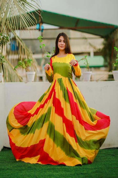 Party Wear Floral Lehariya Multi Printed Beautiful Gown
