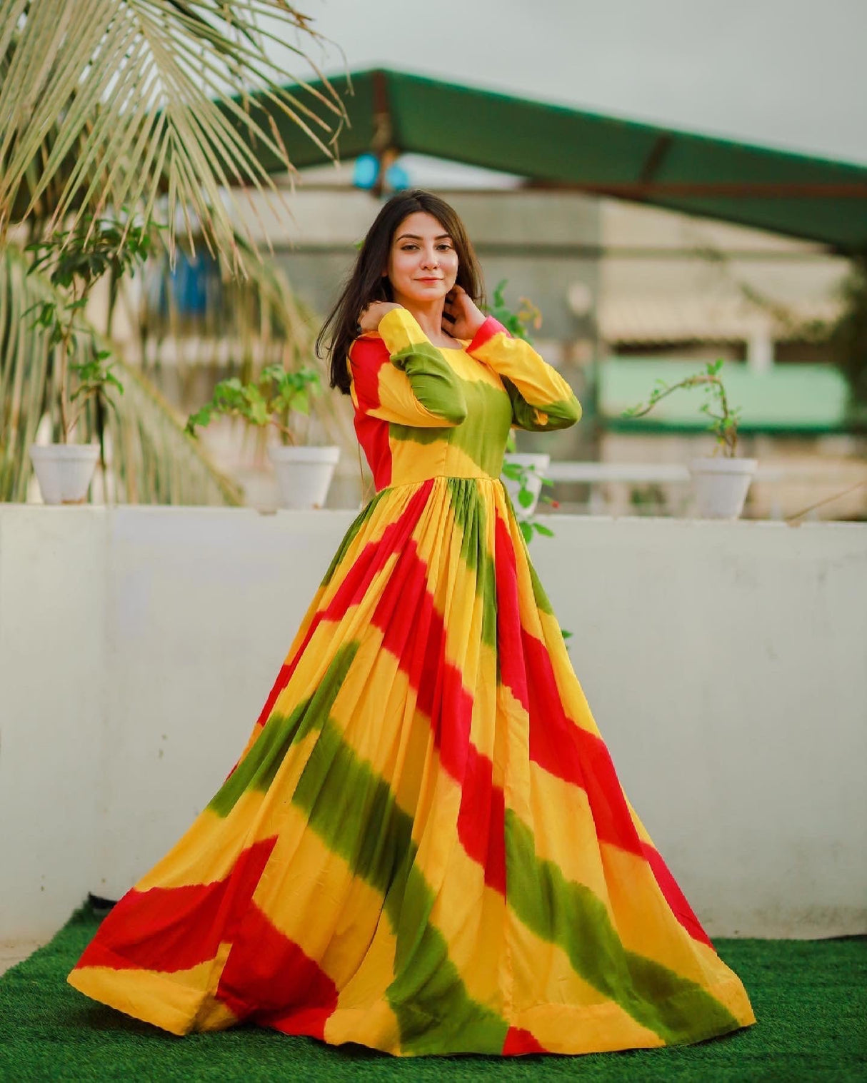 Party Wear Floral Lehariya Multi Printed Beautiful Gown