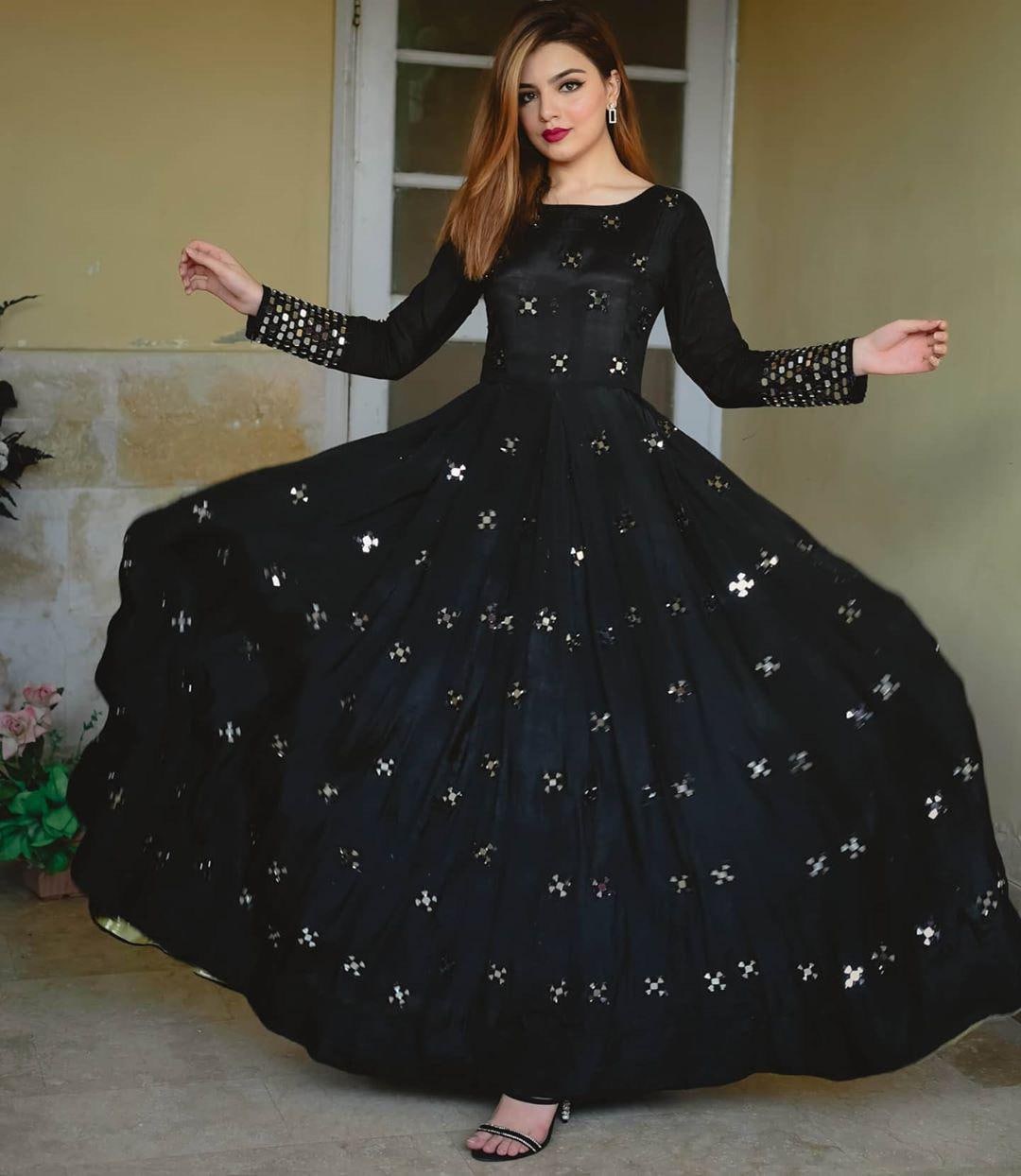 Exclusive Soft Silk Black Color Flared Heavy Work Gown