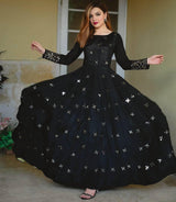 Exclusive Soft Silk Black Color Flared Heavy Work Gown