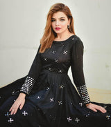 Exclusive Soft Silk Black Color Flared Heavy Work Gown