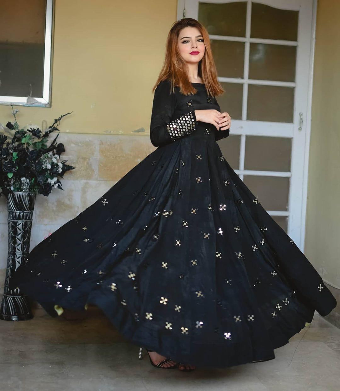 Exclusive Soft Silk Black Color Flared Heavy Work Gown