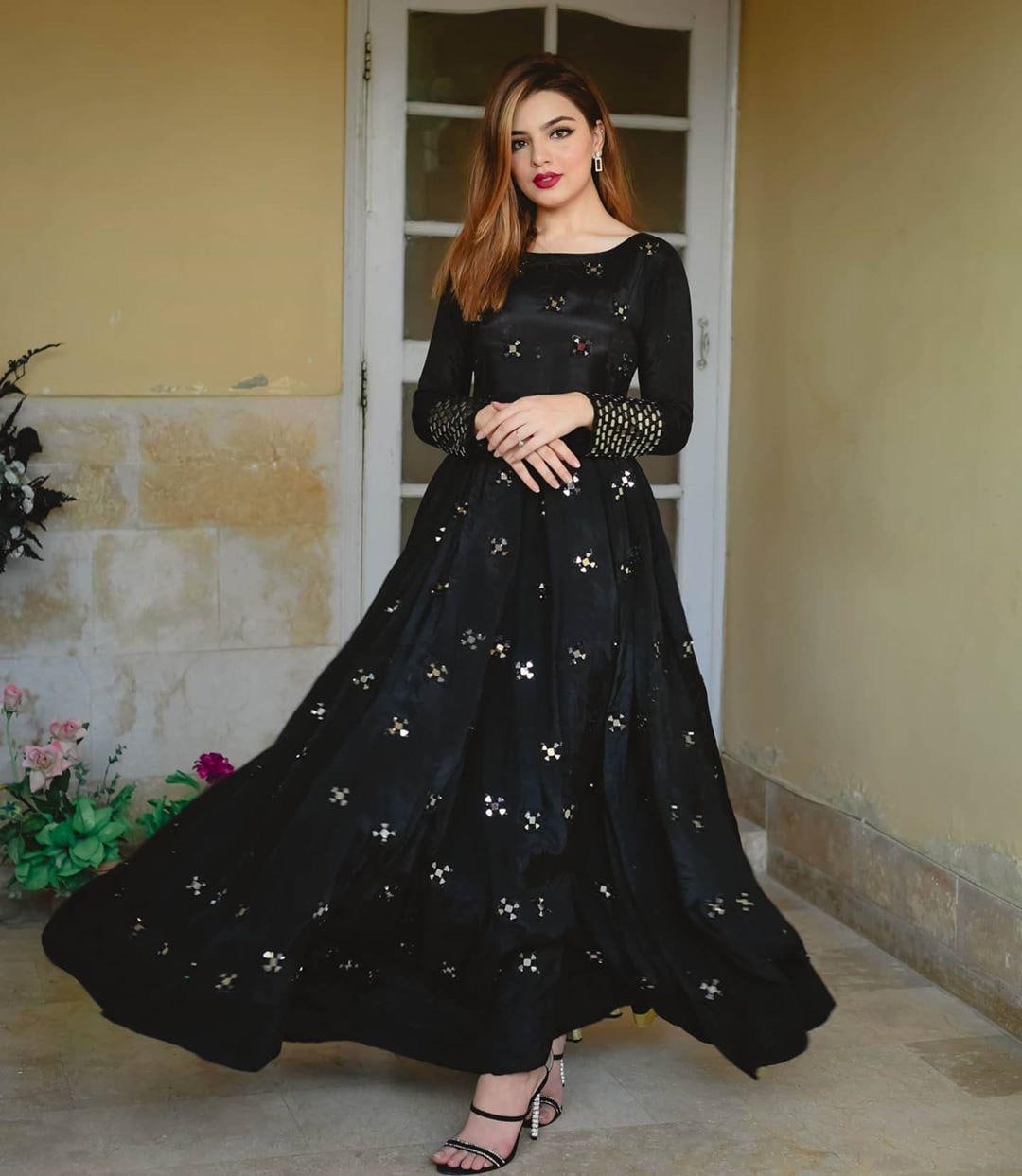 Exclusive Soft Silk Black Color Flared Heavy Work Gown