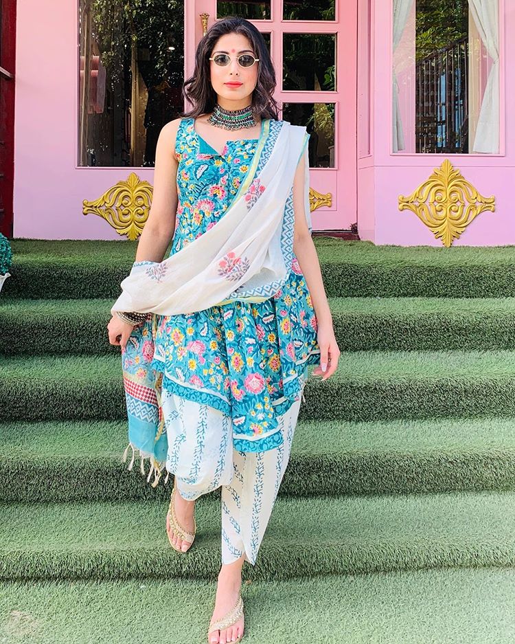 Digital Printed Sky Blue Colored Dhoti With Kurti Set
