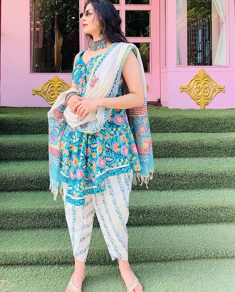 Digital Printed Sky Blue Colored Dhoti With Kurti Set