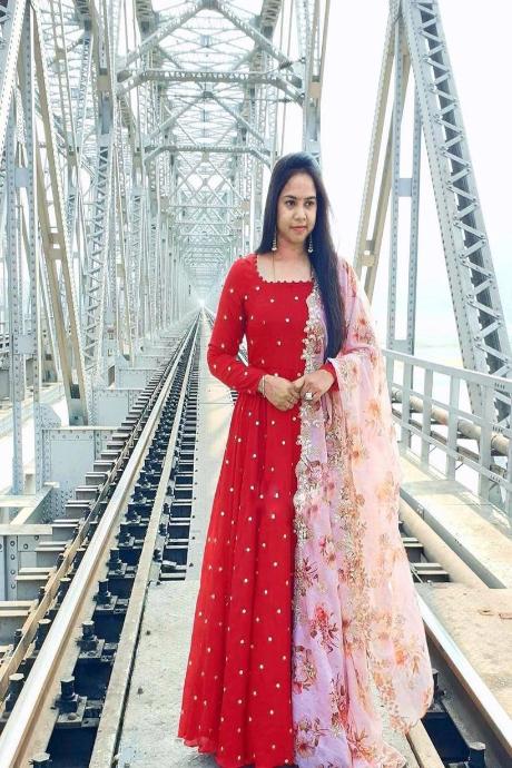 Fancy Designer Red Colored Embroidered Gown