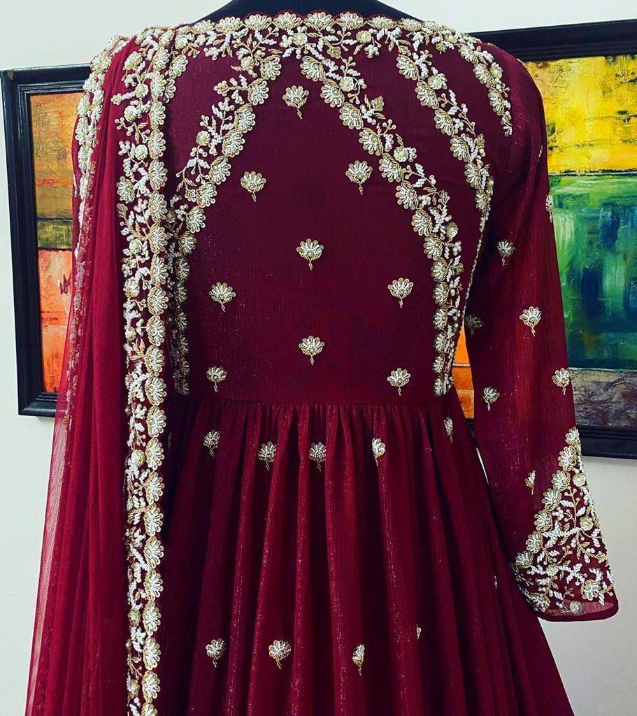 Georgette Embroidered Long Maroon Gown Designs