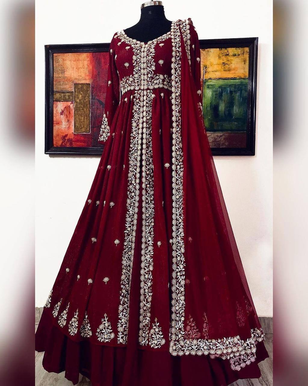 Georgette Embroidered Long Maroon Gown Designs
