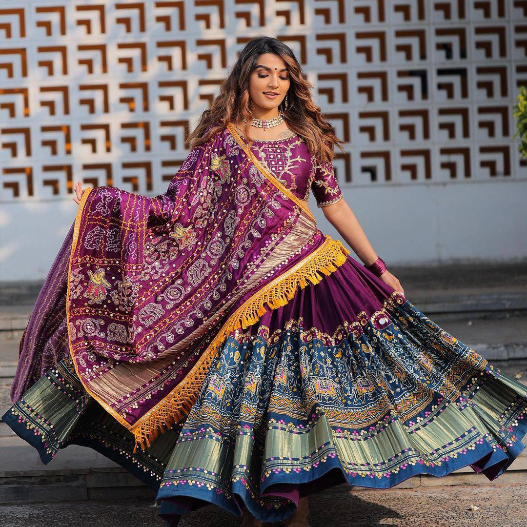 Splendid Printed Work Wine Color Festival Wear Lehenga Choli