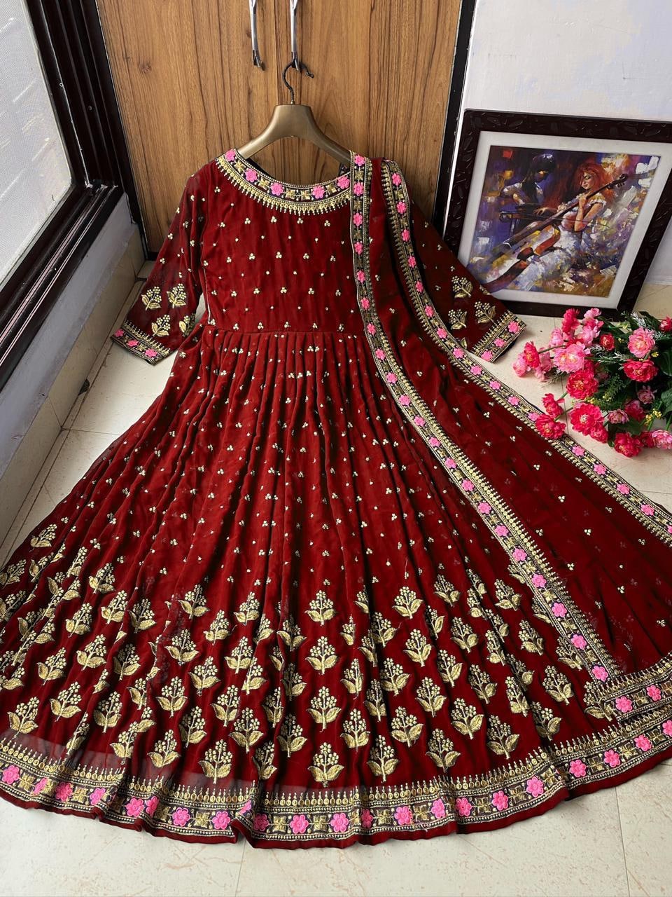 Party Wear Maroon Color Embroidered Work Designer Gown