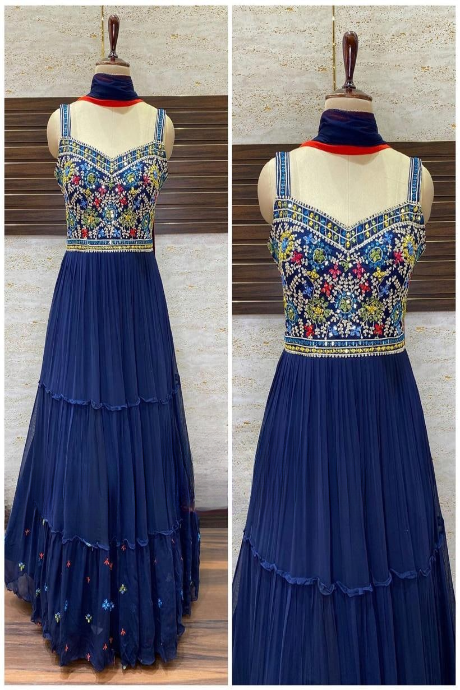 Party Wear Georgette Blue Gown Designs For Girls