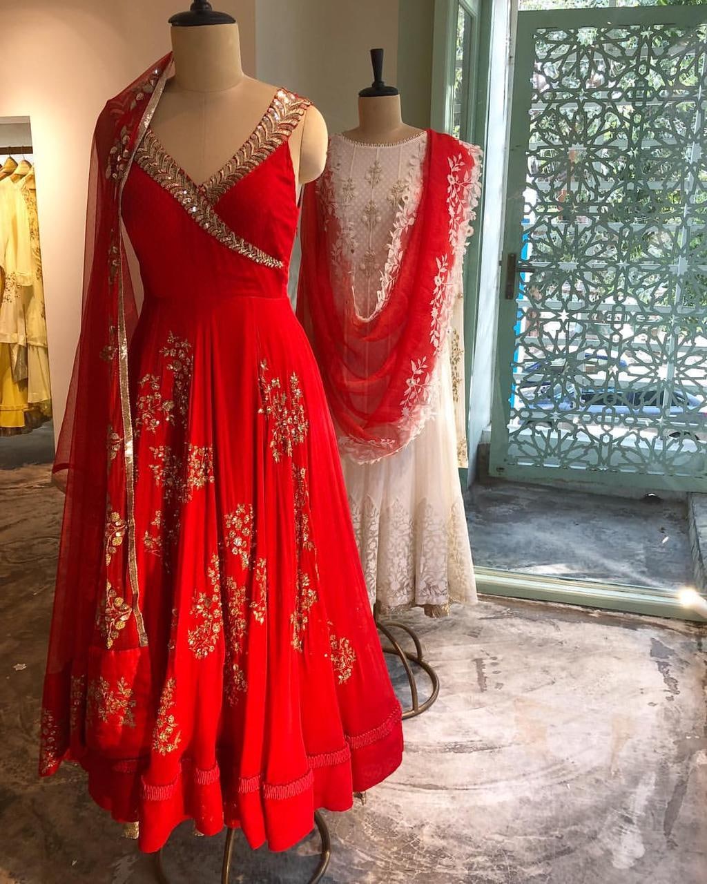 Fancy Georgette Embroidered Long Ethnic Red Gown
