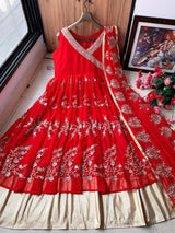 Fancy Georgette Embroidered Long Ethnic Red Gown