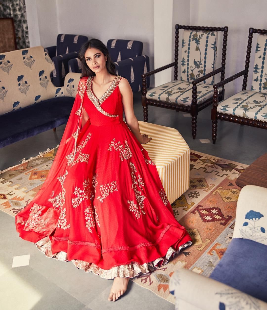 Fancy Georgette Embroidered Long Ethnic Red Gown