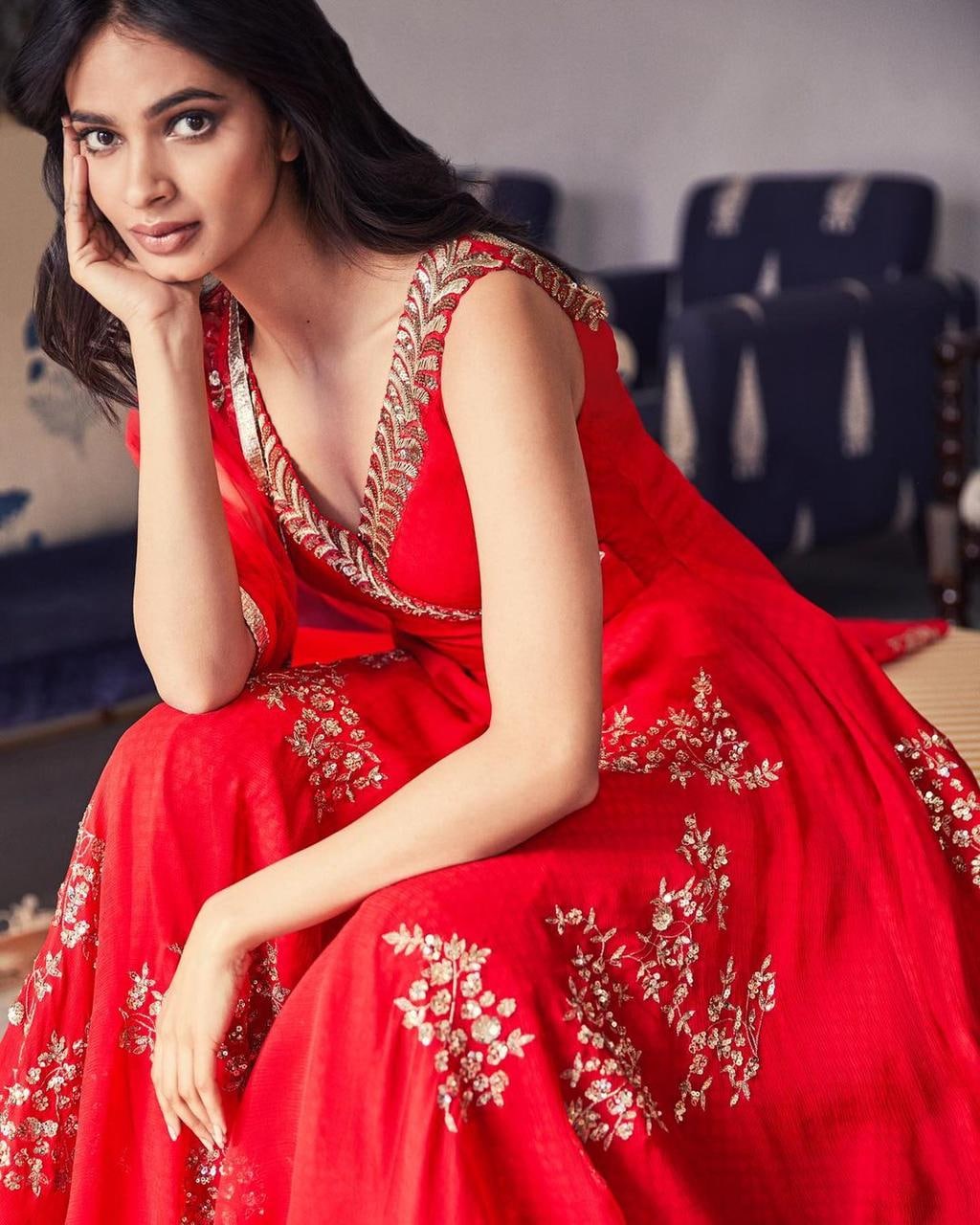 Fancy Georgette Embroidered Long Ethnic Red Gown