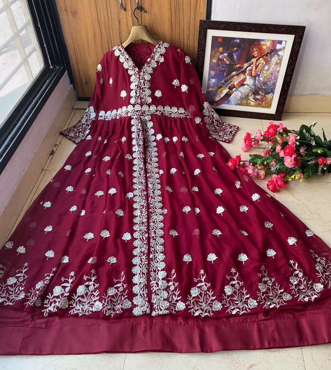 Heavy Georgette Zari Embroidered Work Party Wear Gown