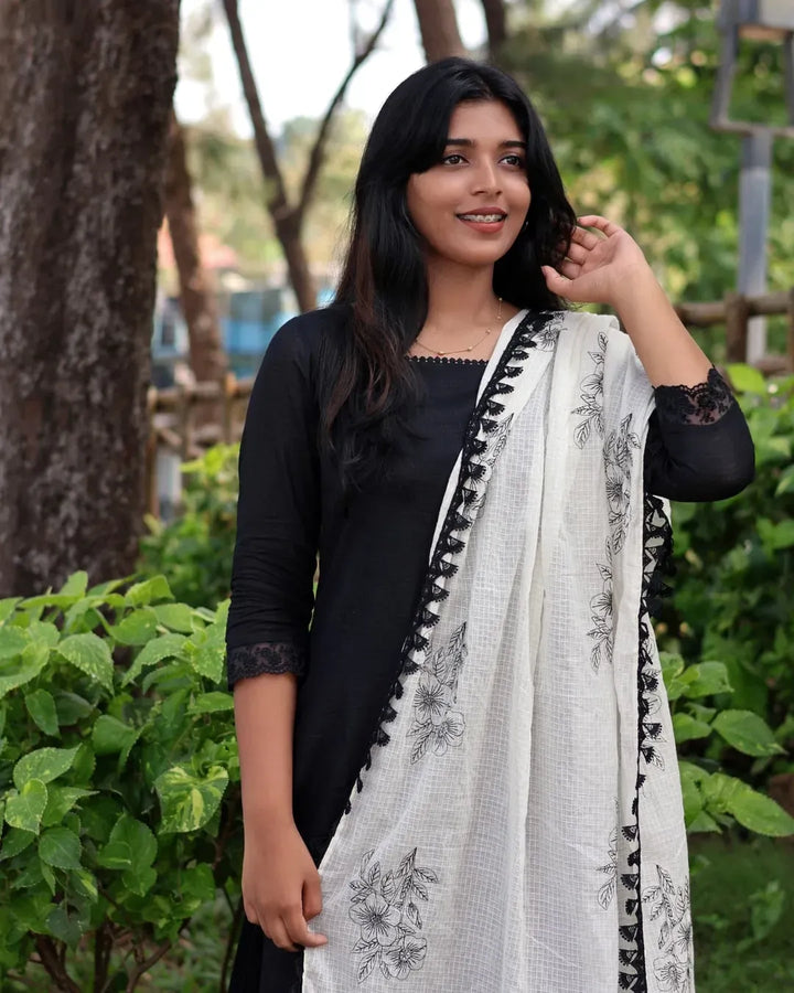 Soft Cotton Kota Doria Suit With Lining And Embroidered Dupatta.