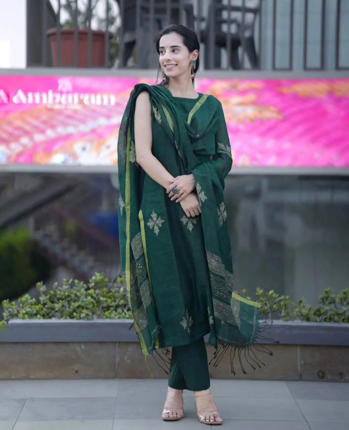 Green Linen Full Kurta Set