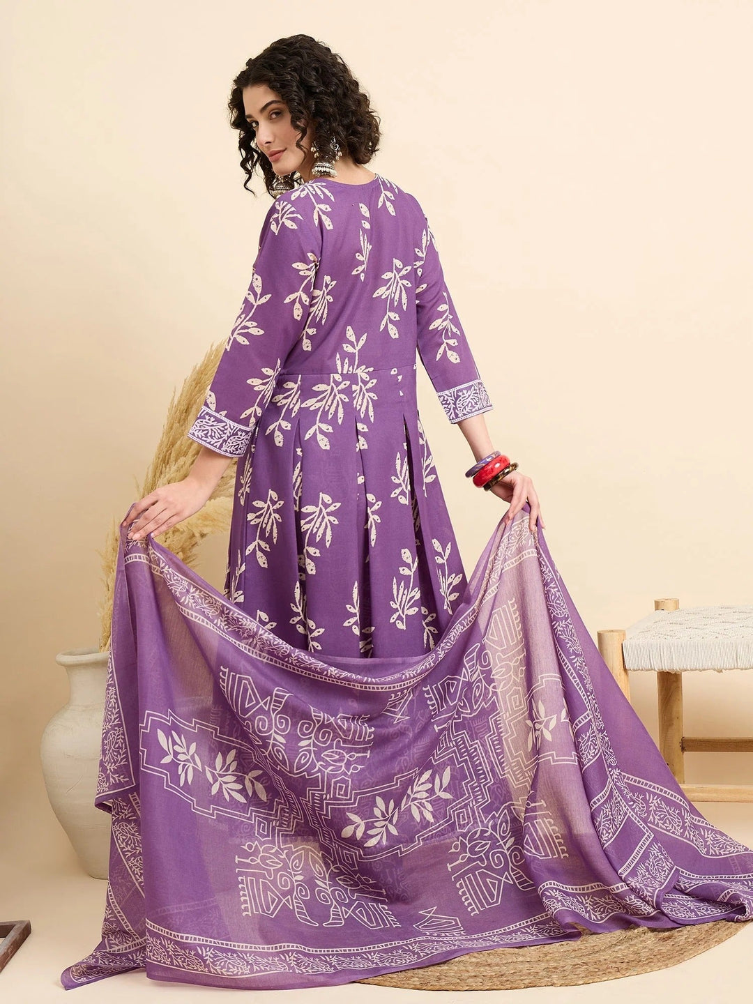 Women's Viscose Purple Anarkali Kurta and Pant Set with Dupatta