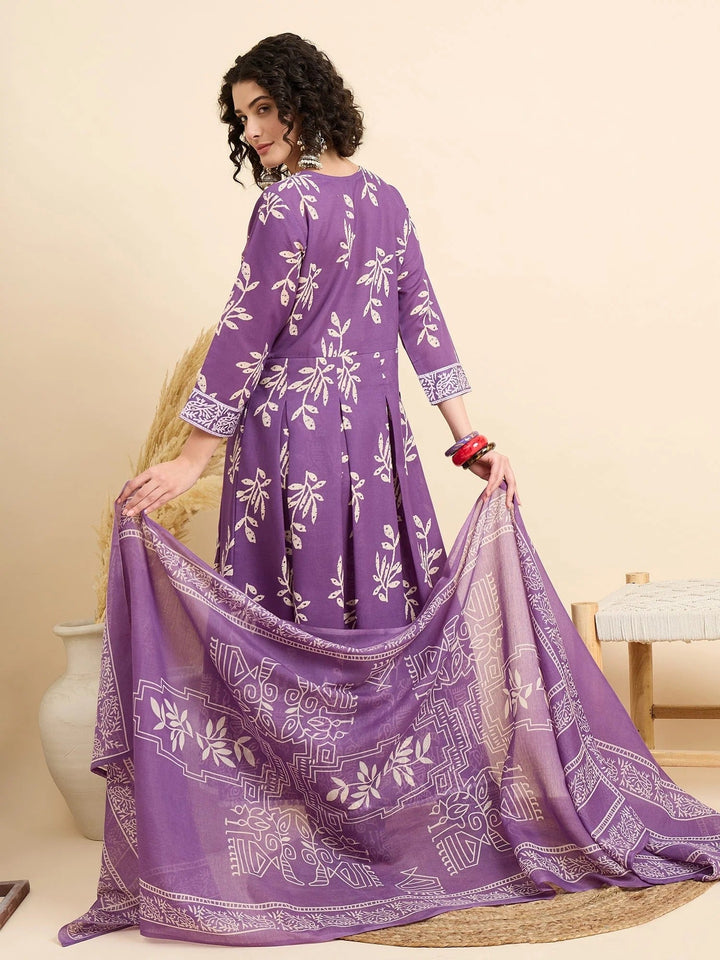 Women's Viscose Purple Anarkali Kurta and Pant Set with Dupatta