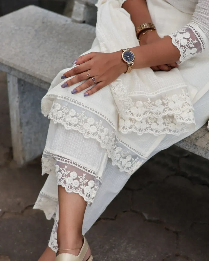 White Soft Cotton Kota Doria Suit With Lining.