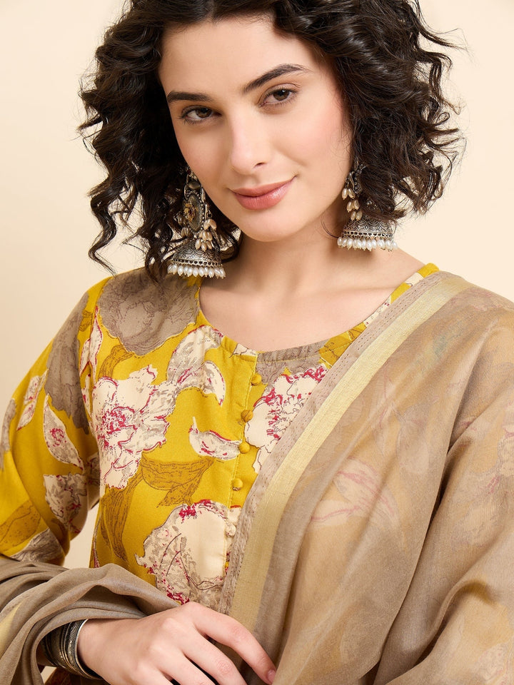 Women's Viscose Yellow Anarkali Kurta and Pant Set with Dupatta
