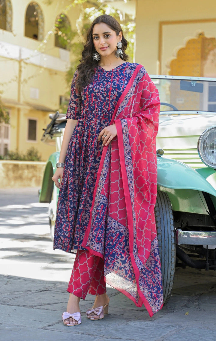 Women's Viscose Navy Blue Anarkali Kurta and Pant Set with Dupatta