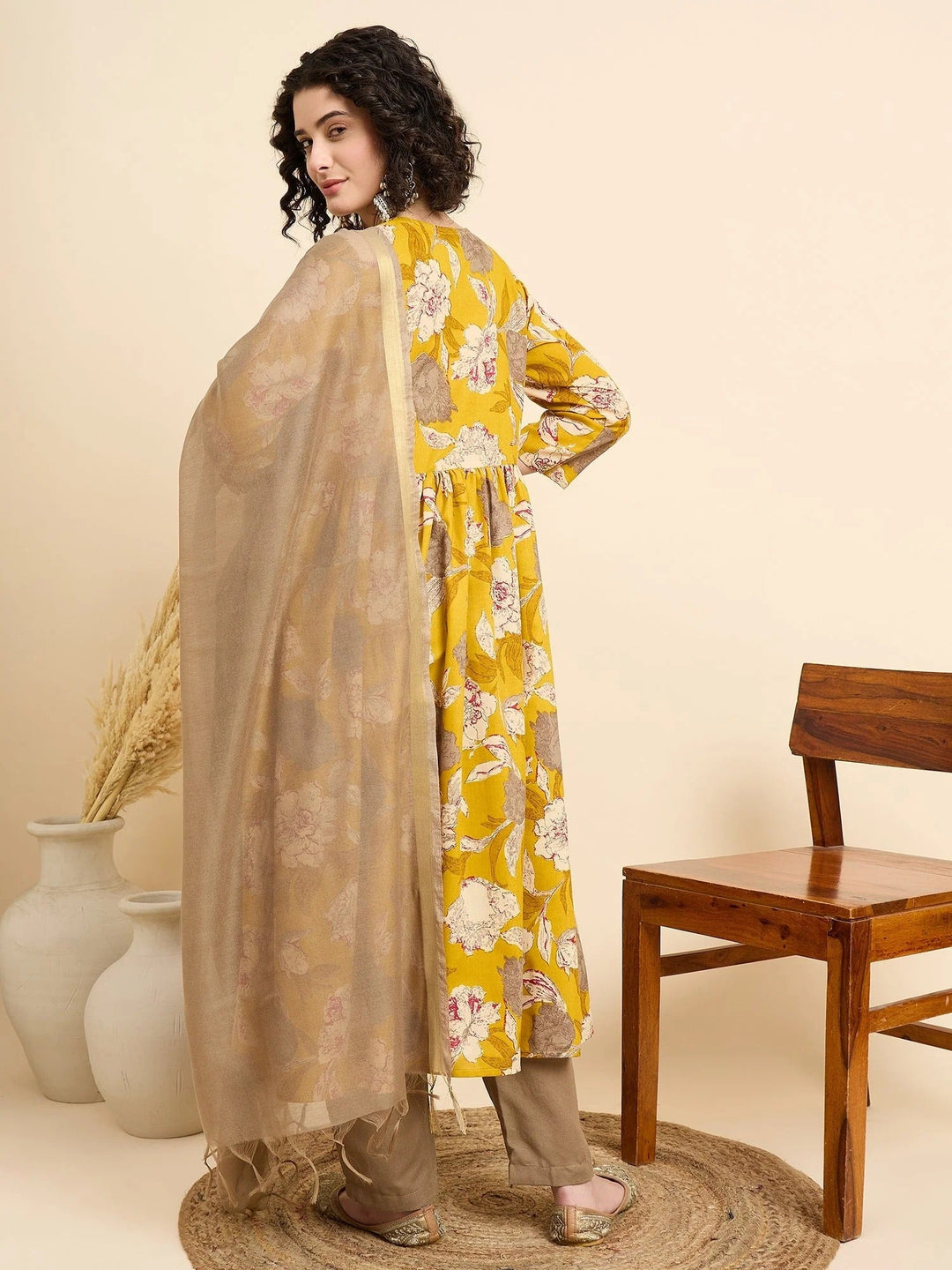 Women's Viscose Yellow Anarkali Kurta and Pant Set with Dupatta