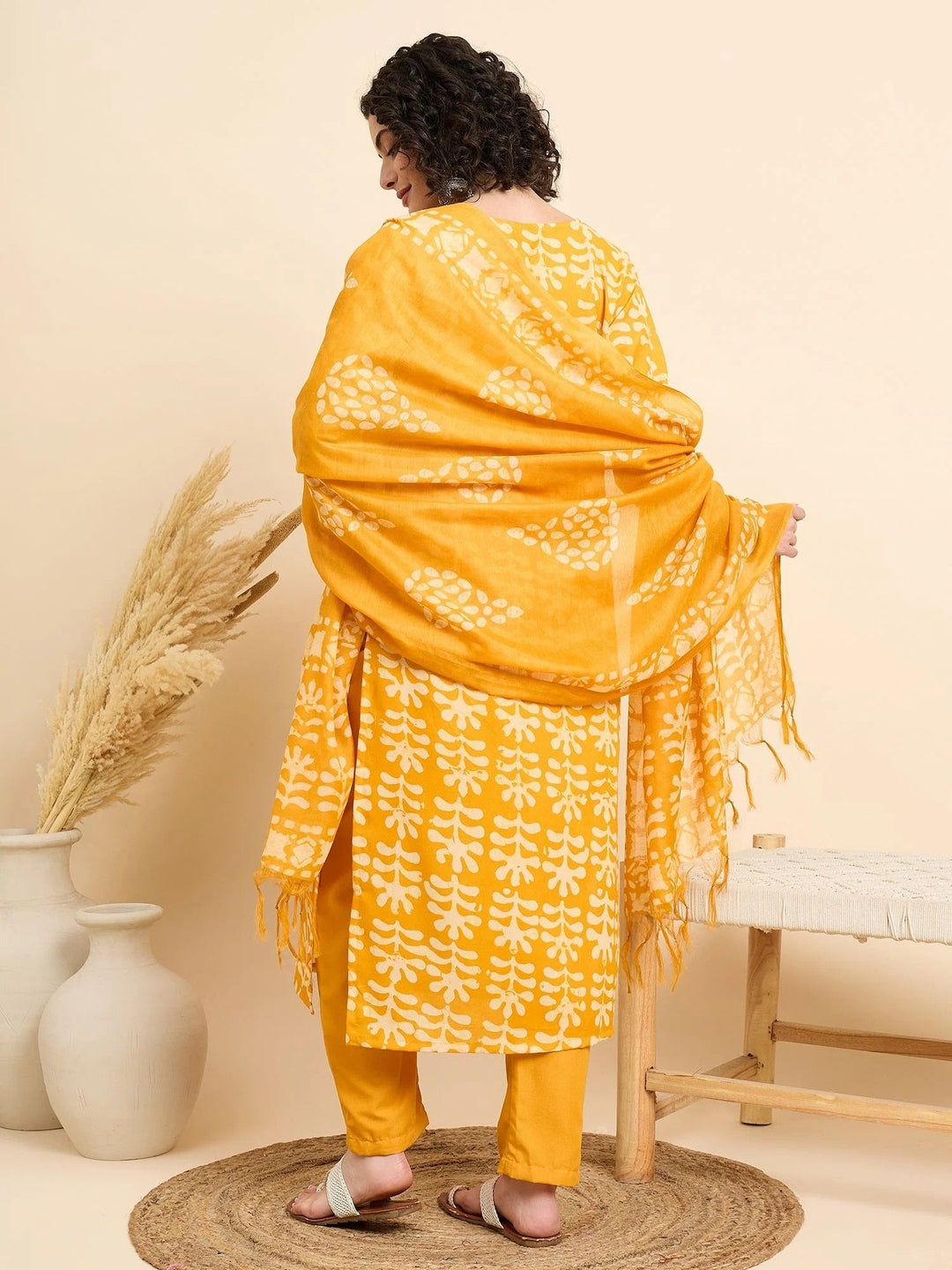 Women's Viscose Yellow Straight Kurta and Pant Set with Dupatta