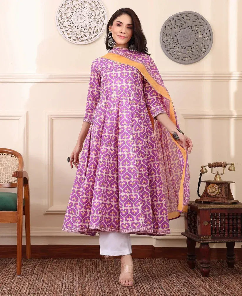 Women's Viscose Pastel Pink Anarkali Kurta and Pant Set with Dupatta