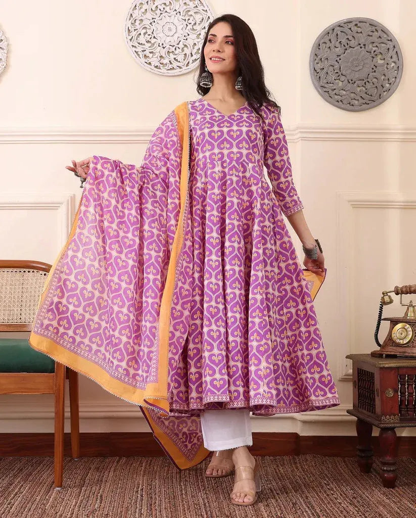 Women's Viscose Pastel Pink Anarkali Kurta and Pant Set with Dupatta