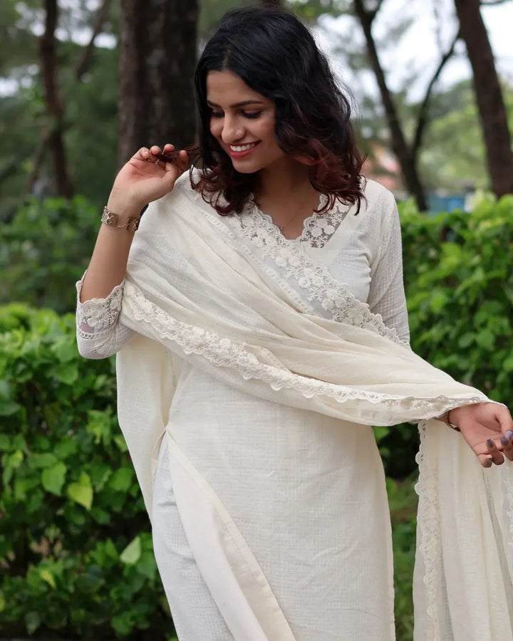 White Soft Cotton Kota Doria Suit With Lining.