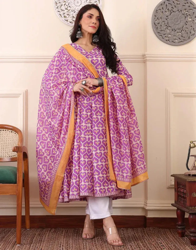 Women's Viscose Pastel Pink Anarkali Kurta and Pant Set with Dupatta