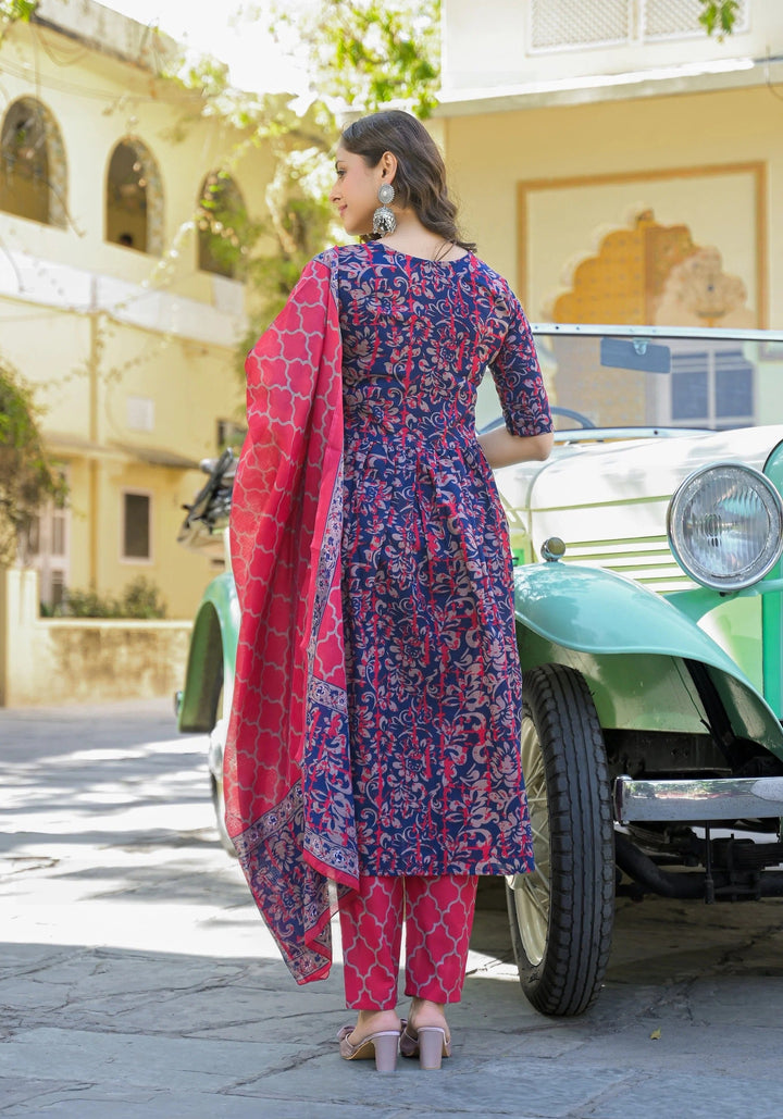 Women's Viscose Navy Blue Anarkali Kurta and Pant Set with Dupatta