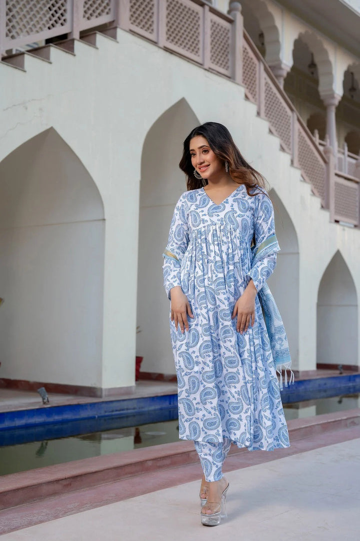 White & Blue Delight Pure Viscose Suit