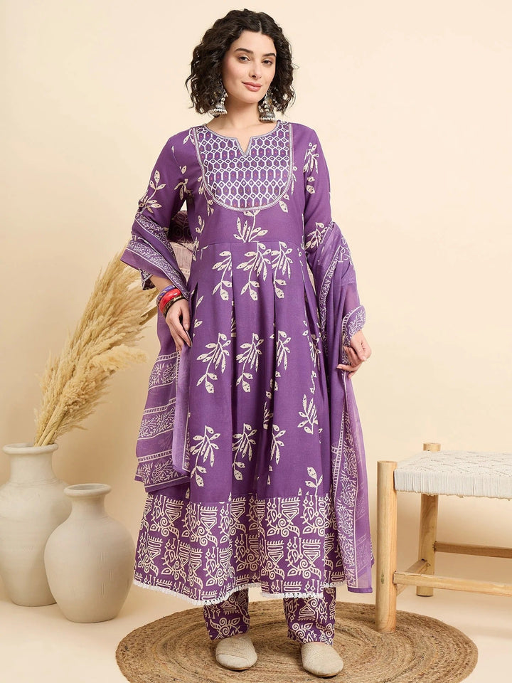 Women's Viscose Purple Anarkali Kurta and Pant Set with Dupatta