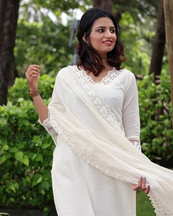 White Soft Cotton Kota Doria Suit With Lining.