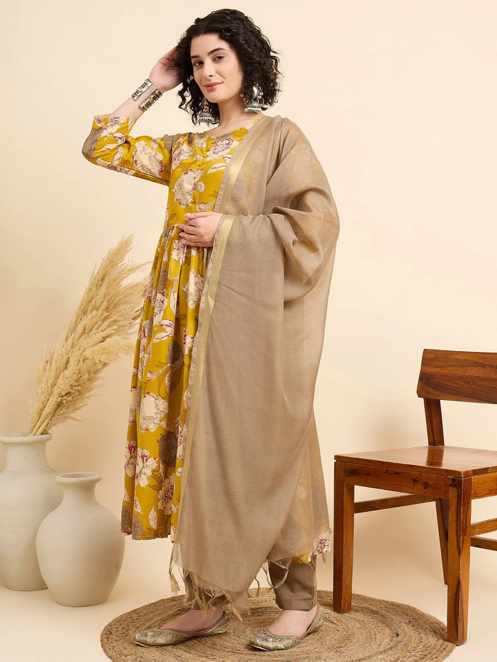 Women's Viscose Yellow Anarkali Kurta and Pant Set with Dupatta