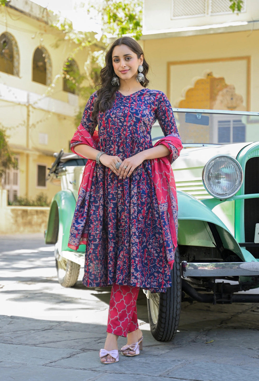 Women's Viscose Navy Blue Anarkali Kurta and Pant Set with Dupatta