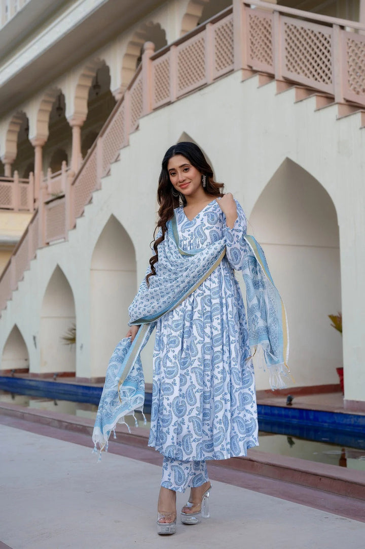 White & Blue Delight Pure Viscose Suit