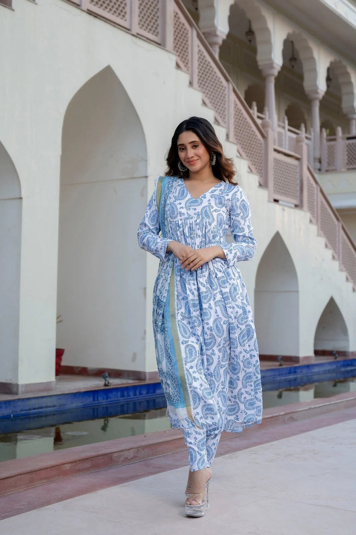 White & Blue Delight Pure Viscose Suit