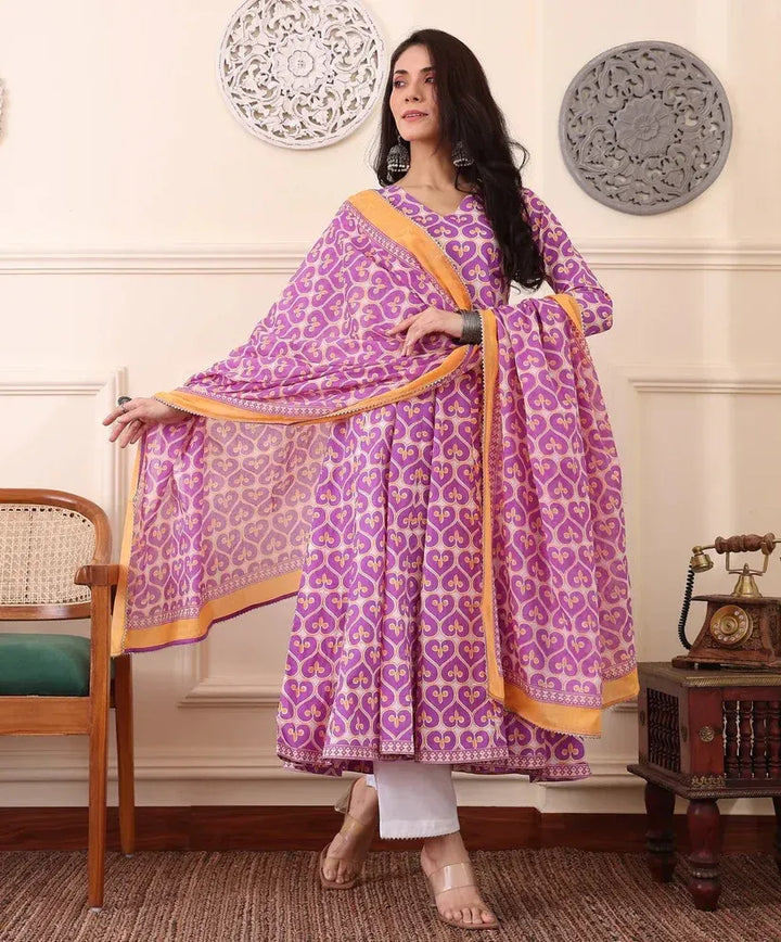 Women's Viscose Pastel Pink Anarkali Kurta and Pant Set with Dupatta